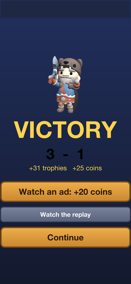 The result screen: Victory, the crown count, and buttons to watch an ad for coins and to continue
